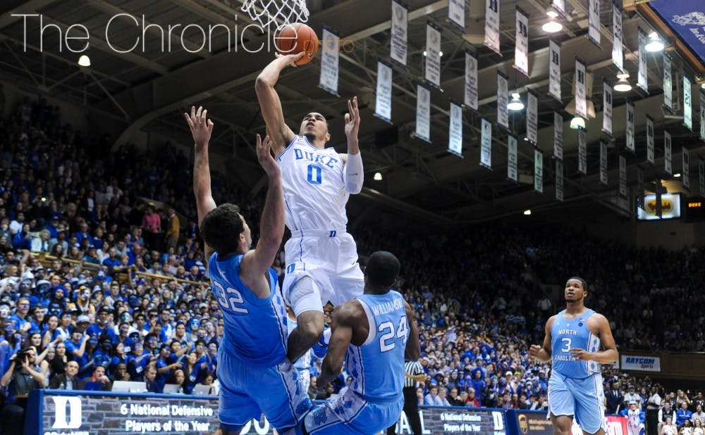 <p>Jayson Tatum scored all 19 of his points in the second half and also led the Blue Devils with nine rebounds and five assists.</p>