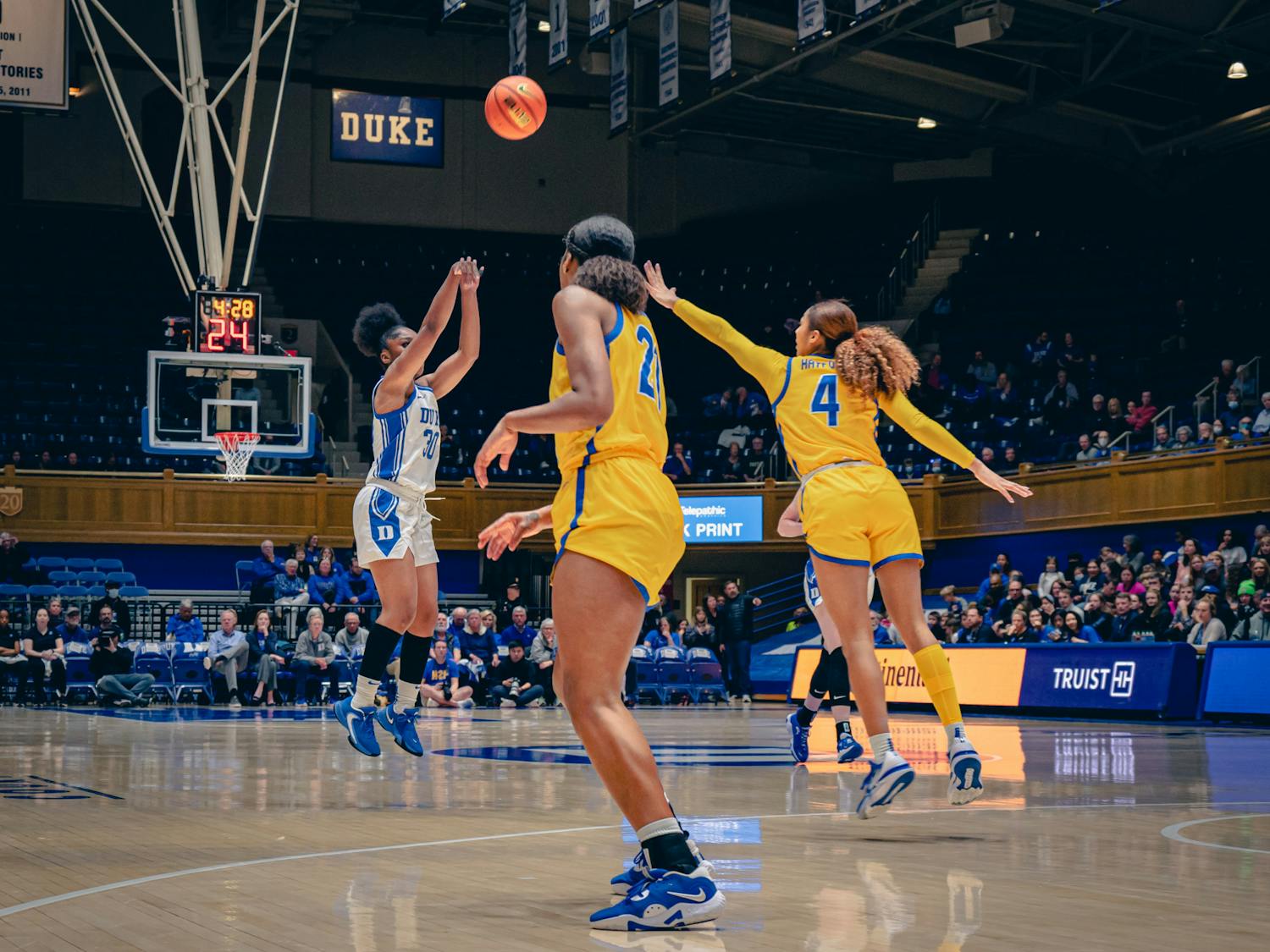 Duke sophomore Shayeann Day-Wilson shoots over the Pittsburgh defense in the Blue Devils' win.
