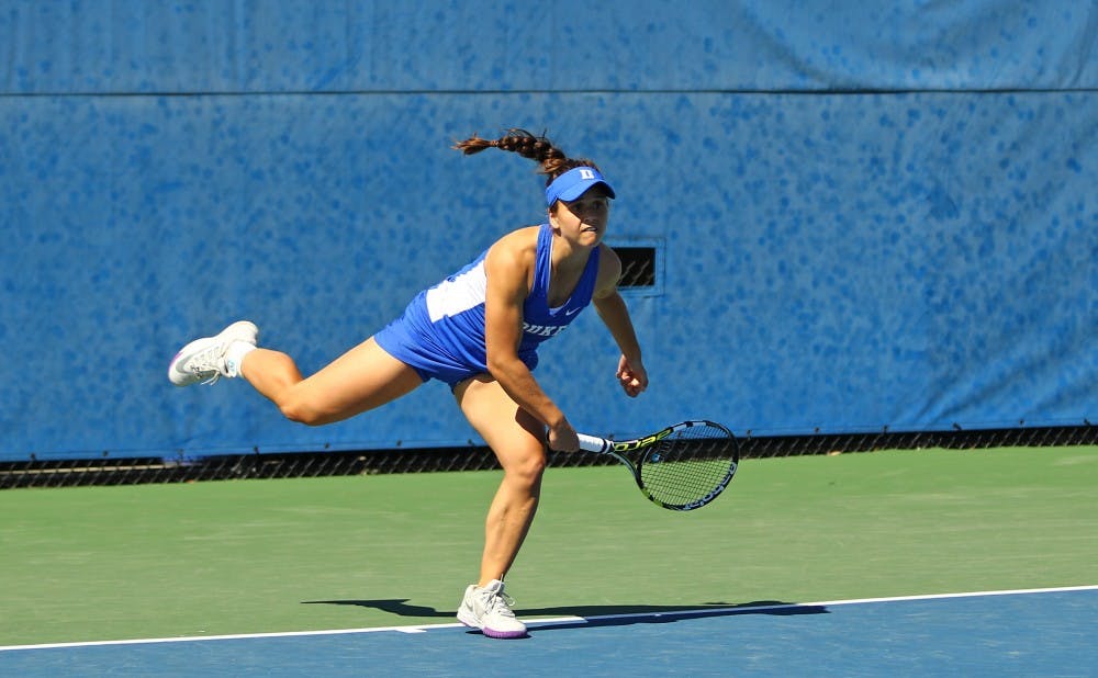 <p>Samantha Harris was the only Blue Devil to record a singles victory in the team's 4-1 loss to rival North Carolina Tuesday.</p>