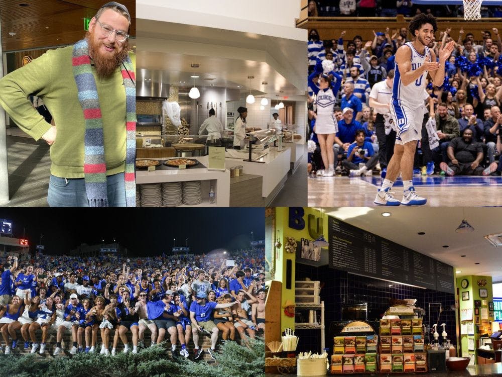 <p>Top (Left to Right): Rabbi Nossen Fellig; members of the Marketplace staff; Jared McCain. Bottom: The Wade Wackos preparing to storm the field after Duke football's September victory over Clemson; Bella Union, where Rob Clay works.</p>