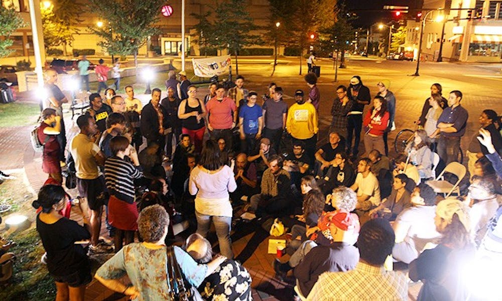 A group of approximately 75 protestors gathered in downtown Durham with the intention to camp out, but city officials disallowed it.