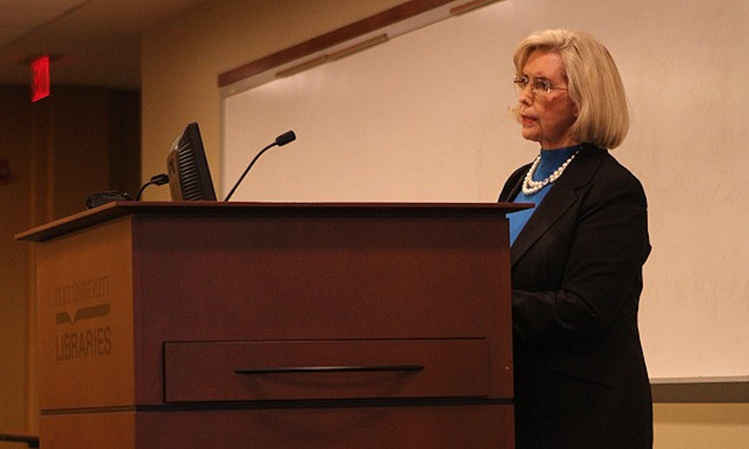 Lilly Ledbetter speaks in Perkins Library Tuesday on employee rights.  She noted that women today make 77 cents less on the dollar than their male counterparts