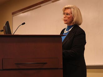 Lilly Ledbetter speaks in Perkins Library Tuesday on employee rights.  She noted that women today make 77 cents less on the dollar than their male counterparts