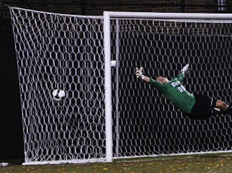 Goalkeeper James Belshaw was tested often in Duke’s 3-0 loss to Wake Forest Friday.