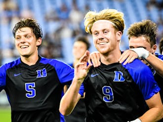 Scotty Taylor (right) notched his second career goal in the Blue Devils' 3-0 victory in Chapel Hill.