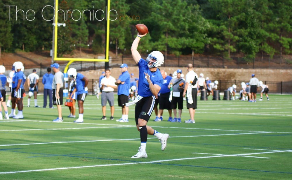 <p>Thomas Sirk went through quarterback drills Monday as he looks to complete a remarkable recovery from a torn Achilles tendon and make it back for Duke's season opener Sept. 3 against N.C. Central.&nbsp;</p>