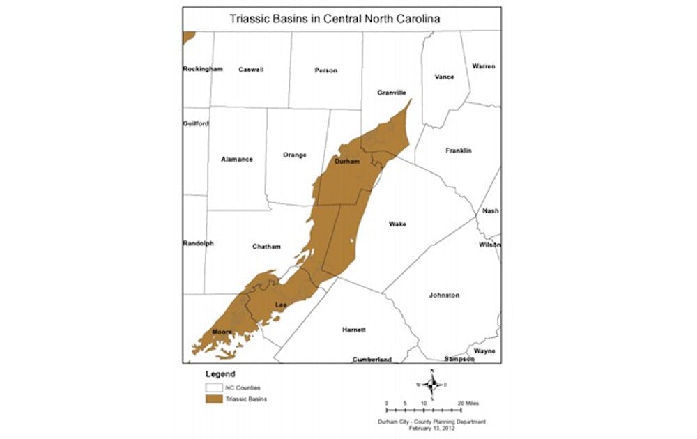 This map depicts the natural gas deposits (brown) in the Durham area that may be harnessed through fracking in coming years.