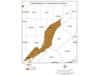 This map depicts the natural gas deposits (brown) in the Durham area that may be harnessed through fracking in coming years.