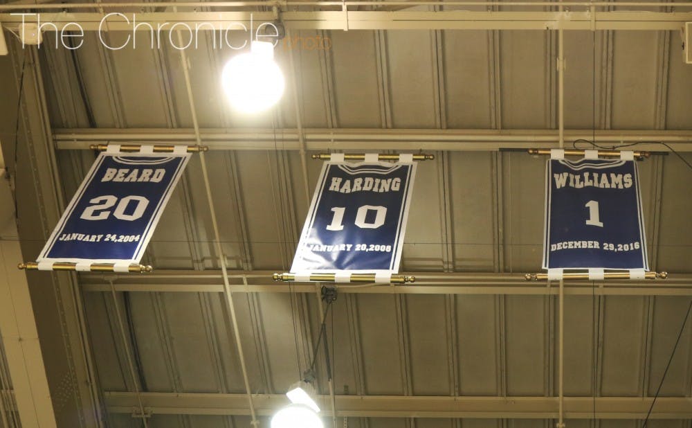 <p>With Williams' jersey retirement, three Blue Devils now have their numbers in the rafters at Cameron Indoor Stadium.&nbsp;</p>