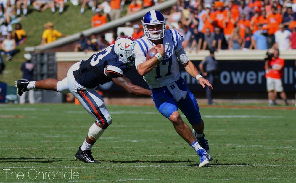 Daniel Jones finished with a career-low 82 passing yards against Virginia Tech and threw a first-quarter interception deep into double coverage.