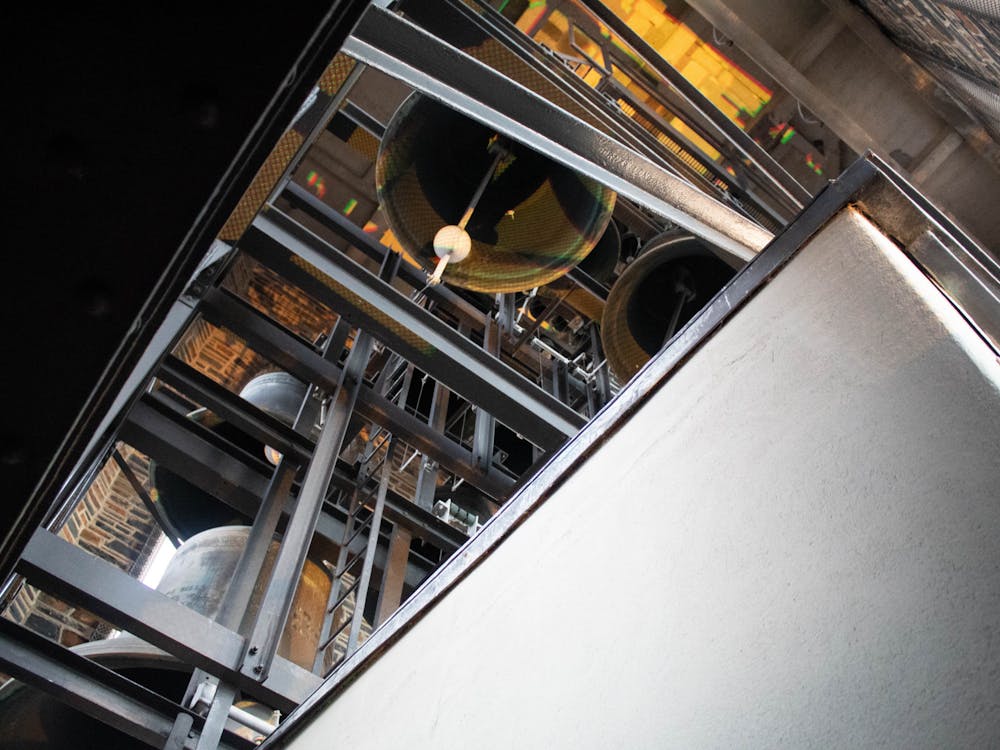 The Duke Chapel's carillon has 50 bells spanning four octaves. The smallest weighs 10.5 pounds, the largest 10,200.