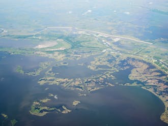 A Duke team is studying how coastal wetlands—such as these Louisiana wetlands—could serve as a buffer for hurricane damage. | Courtesy of NASA