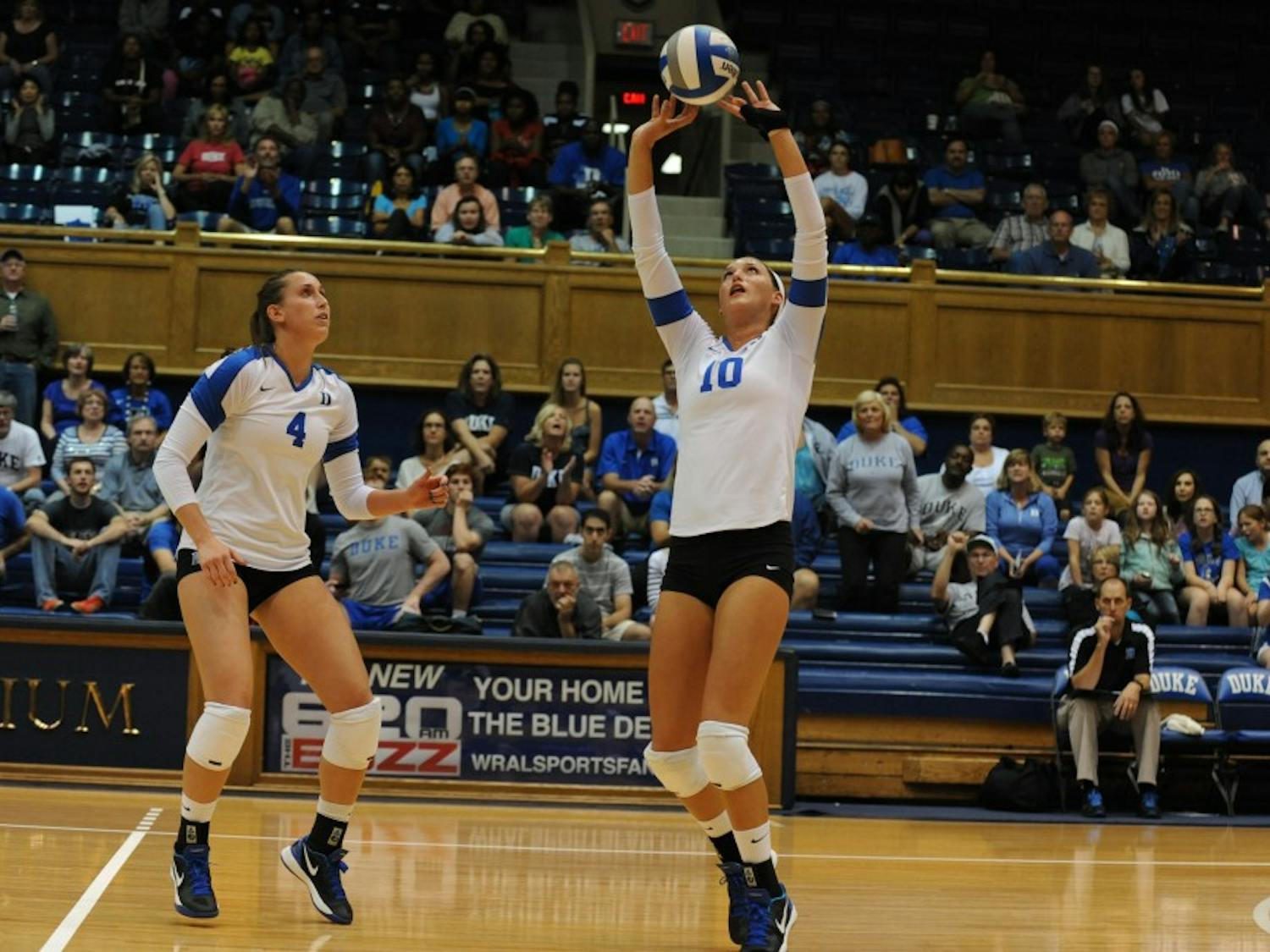 Elizabeth Campbell (right) recorded a game-high 23 kills as Duke notched a 3-1 comeback victory against Illinois.