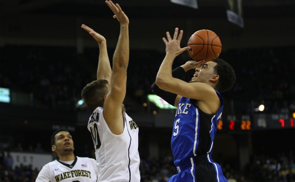 Point guard Tyus Jones struggled for much of the game but had a huge three-point play to give his team a lift late Wednesday at Wake Forest.