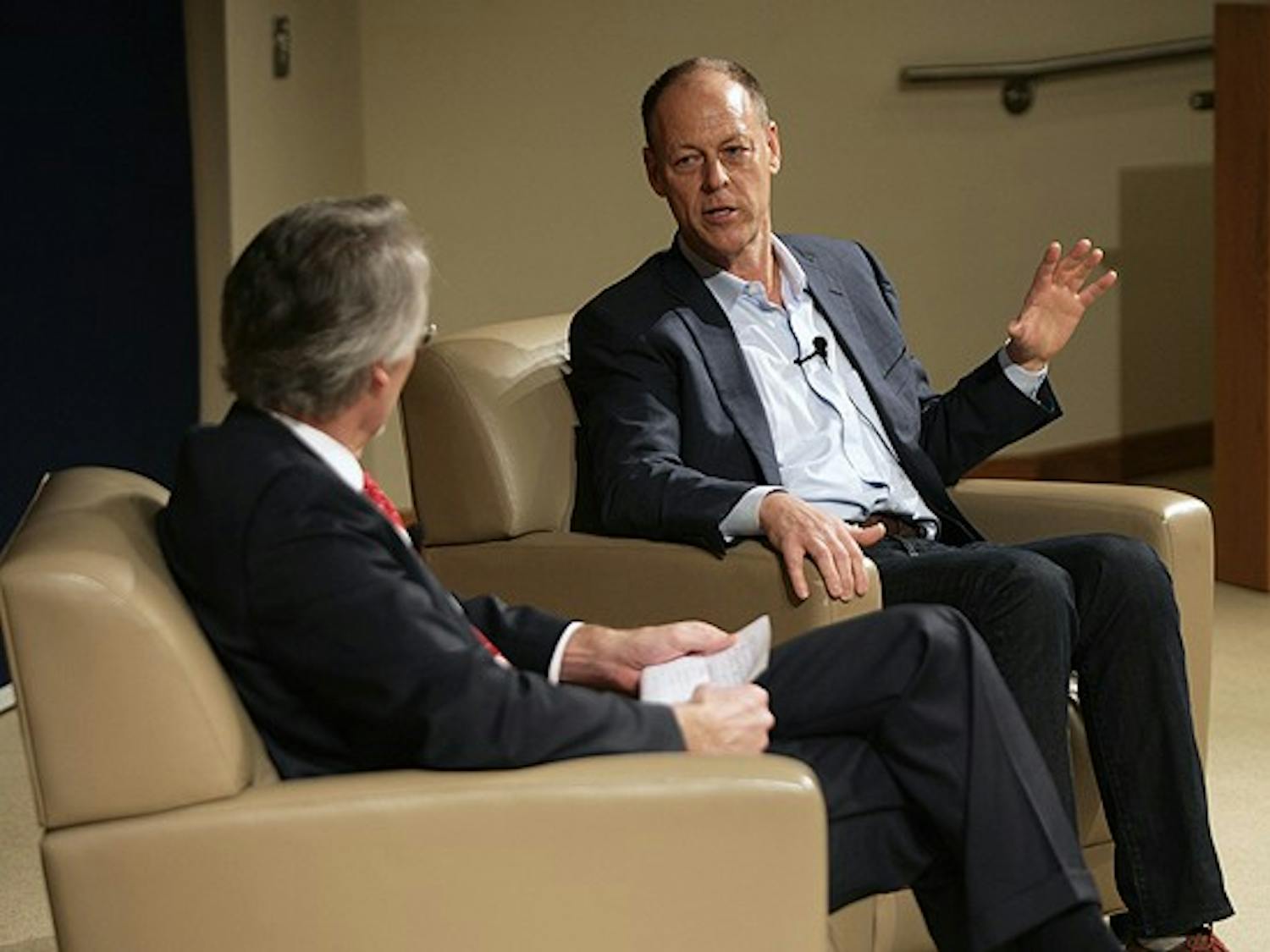 Whole Foods co-CEO Walter Robb speaks with Fuqua Business School Dean Bill Boulding about entrepreneurship Tuesday afternoon.