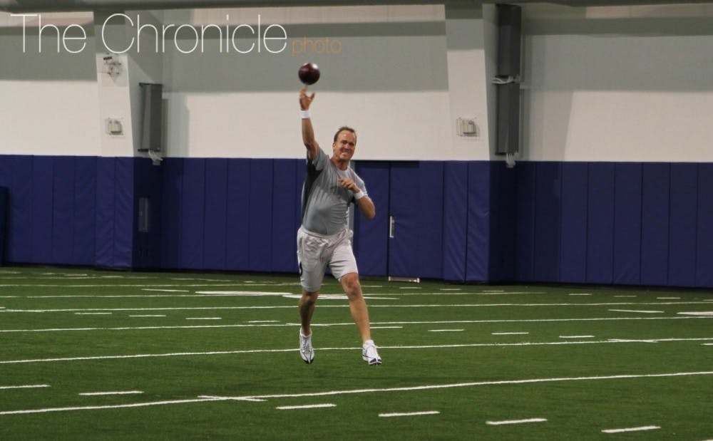 <p>Before he retired,&nbsp;Peyton Manning often&nbsp;worked out at Duke in the offseason because of his relationship with Blue Devil football head coach David Cutcliffe.</p>
