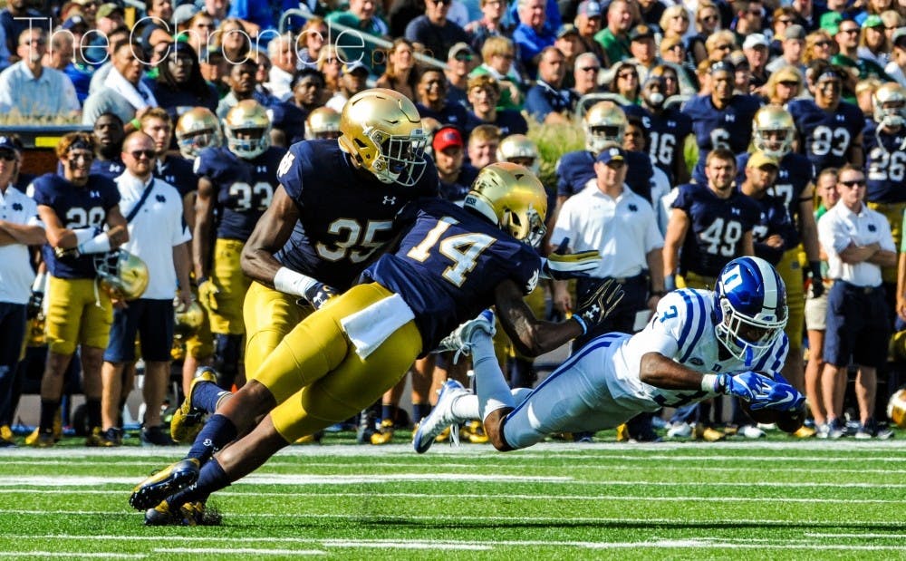 <p>Sophomore wide receiver T.J. Rahming had eight catches against Notre Dame as the Blue Devil offense got back on track.</p>