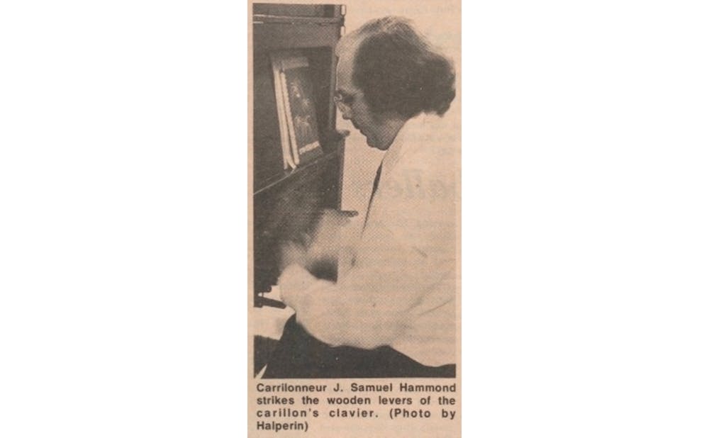 <p>Samuel Hammond playing the university carillon in 1976.</p>