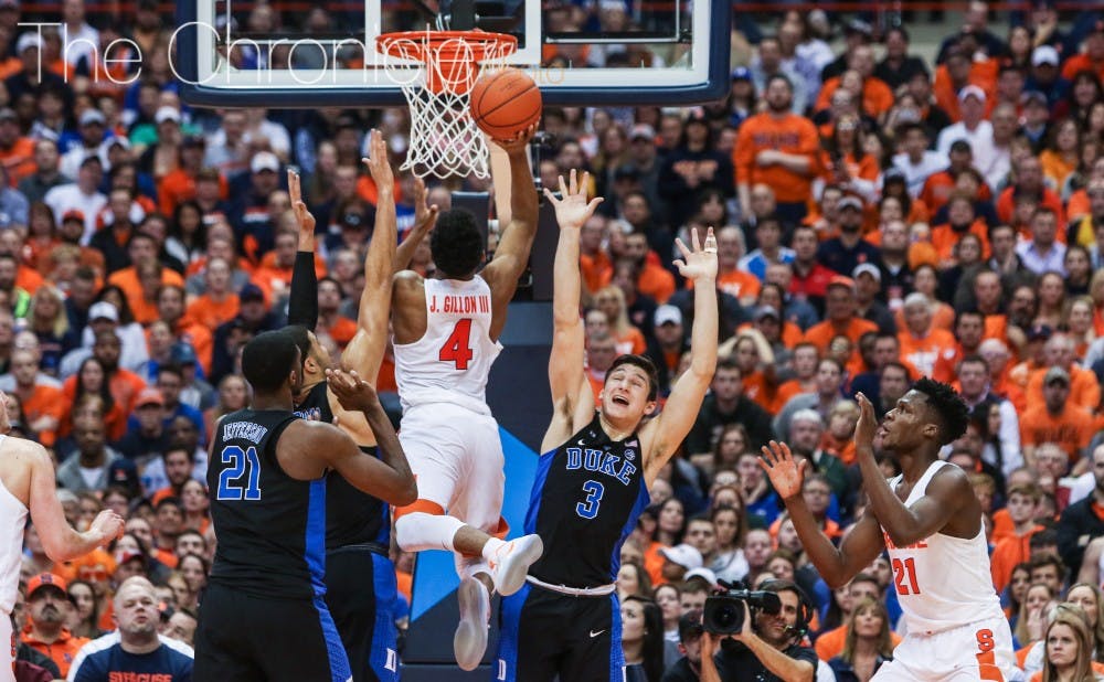 <p>John Gillon attacked the Blue Devil defense relentlessly for 26 points, including his game-winning triple at the buzzer.</p>