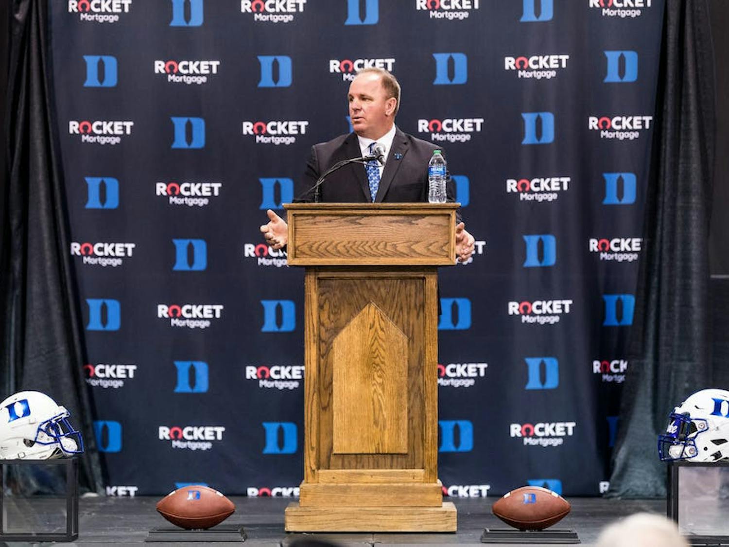 Duke head coach Mike Elko at his introductory press conference in December 2021.