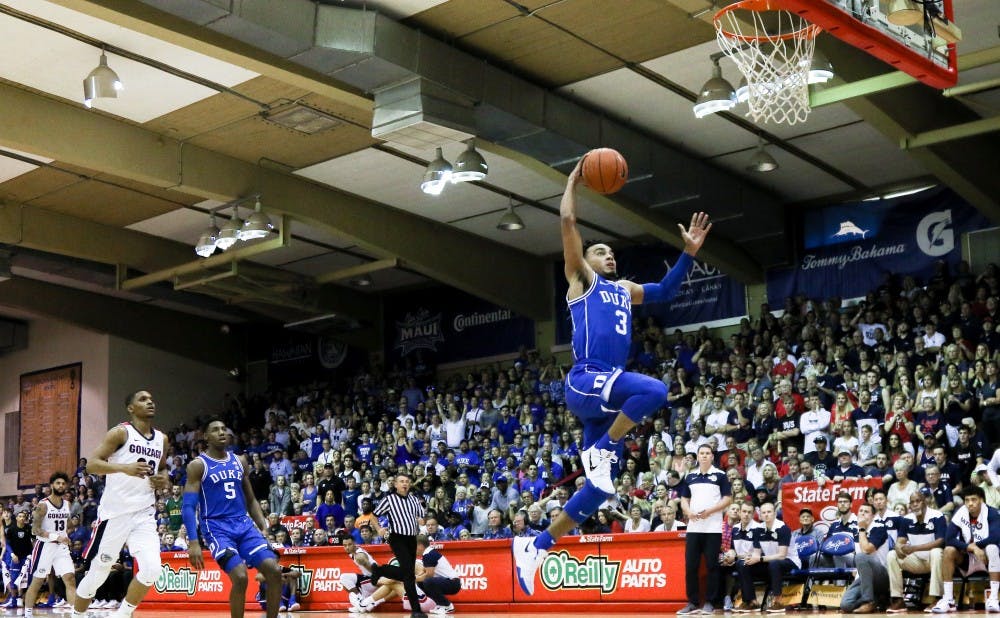 <p>Tre Jones scored in double figures for the third straight game, but missed this breakaway dunk.</p>