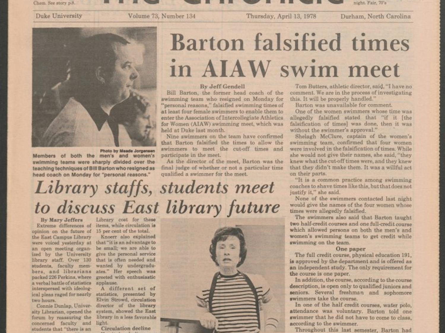 Embattled swimming coach Bill Barton resigned in 1978 after falsifying some of his swimmers' times.