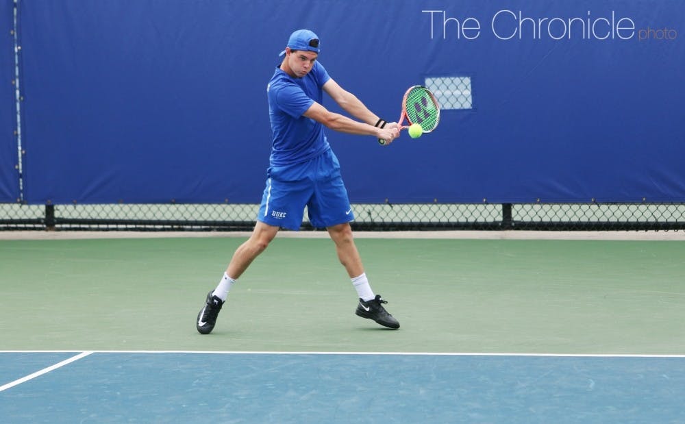 <p>Spencer Furman struggled on Court 1 against senior Sasha Gozun Friday but led a trio of freshmen this year that offer a promising future for the Blue Devils.</p>