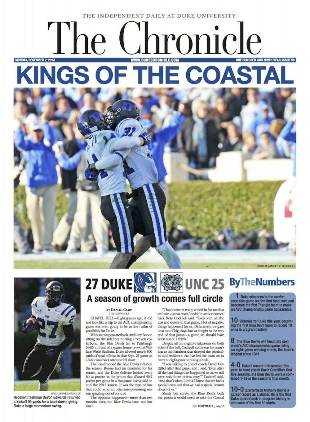 <p>Duke clinched the Coastal Division in dramatic fashion in 2013 with a 27-25 win at North Carolina.</p>