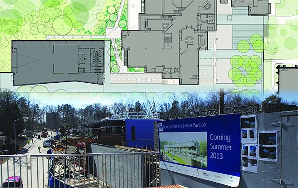 Plans show the extension of the Bryan Center Plaza to the new Events Pavilion (top), and the University moves forward with construction on the extended plaza and the Events Pavilion (bottom).