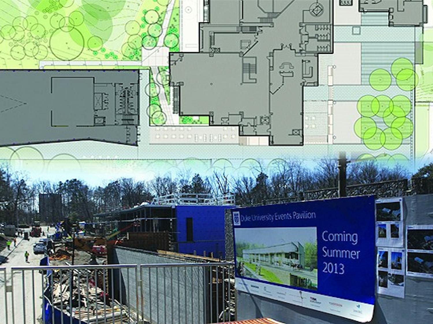 Plans show the extension of the Bryan Center Plaza to the new Events Pavilion (top), and the University moves forward with construction on the extended plaza and the Events Pavilion (bottom).