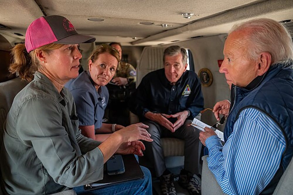 <p>President Joe Biden and Gov. Roy Cooper flew over the scene of Hurricane Helene's devastation in western North Carolina Wednesday and discussed plans for the state's long-term recovery.</p>