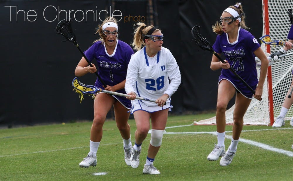 <p>Senior Hayley Shaffer had a career-high four goals Sunday&mdash;one of four Blue Devils with hat tricks in an eight-goal win.</p>