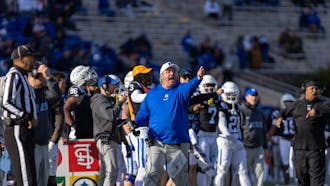 Former head coach Mike Elko yells from the sideline during Duke's win against Pittsburgh.