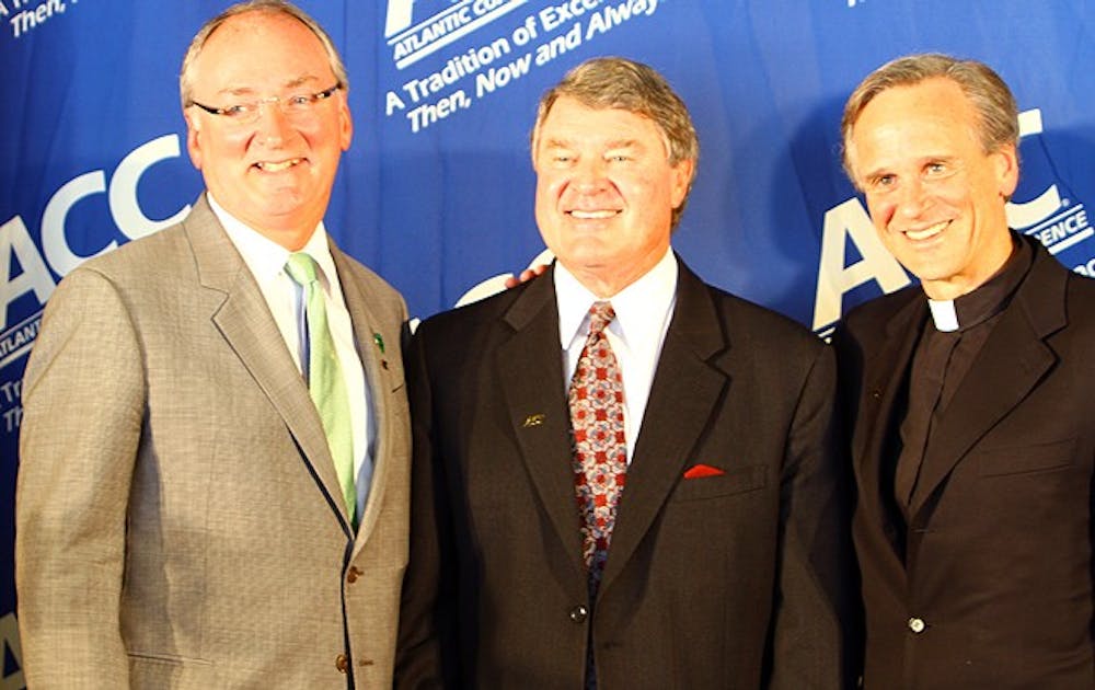 Jack Swarbick, John Swofford and the Rev. John Jenkins announce the addition of Notre Dame to the ACC.