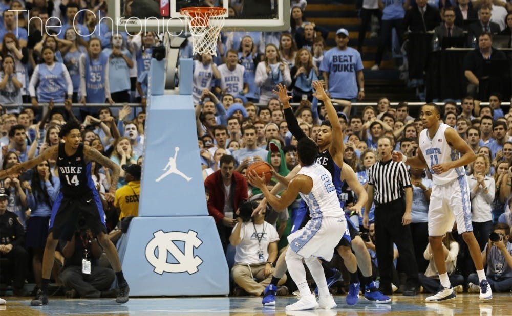 Derrcyk Thornton made a critical block of Joel Berry II's last-ditch jumper to preserve a one-point lead and secure Duke's upset victory against then-No. 5 North Carolina on the road.