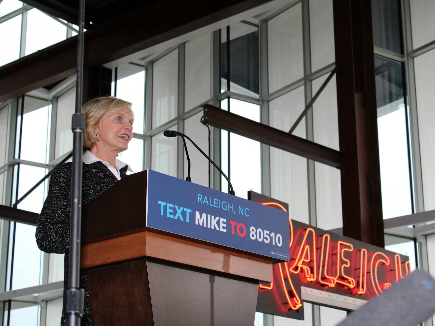 Bev Perdue, the first female governor of North Carolina (serving from 2009 to 2013), spoke in support of Democratic presidential candidate Michael Bloomberg Thursday, February 13 at Raleigh's Union Station. 
