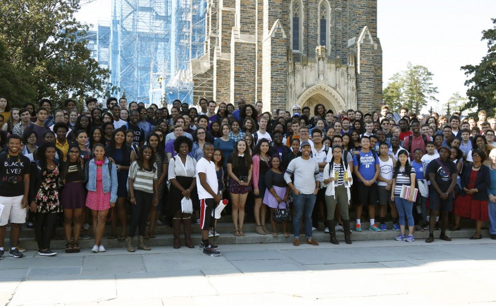 <p>Approximately 100 members of the Duke community gathered in front of the Chapel Friday afternoon in response to the discovery of a Black Lives Matter flyer vandalized with racial slurs.</p>