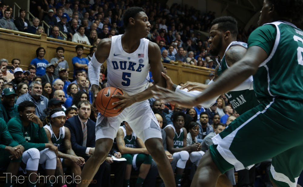 <p>R.J. Barrett led the Blue Devils' offensive attack in the first half against Hartford.</p>