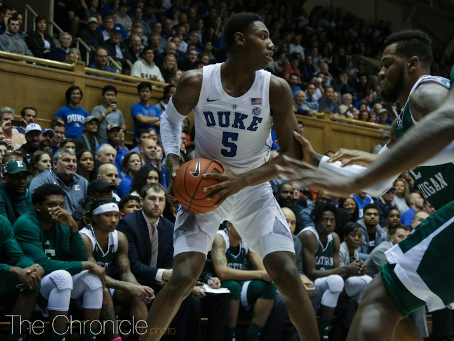 R.J. Barrett led the Blue Devils' offensive attack in the first half against Hartford.