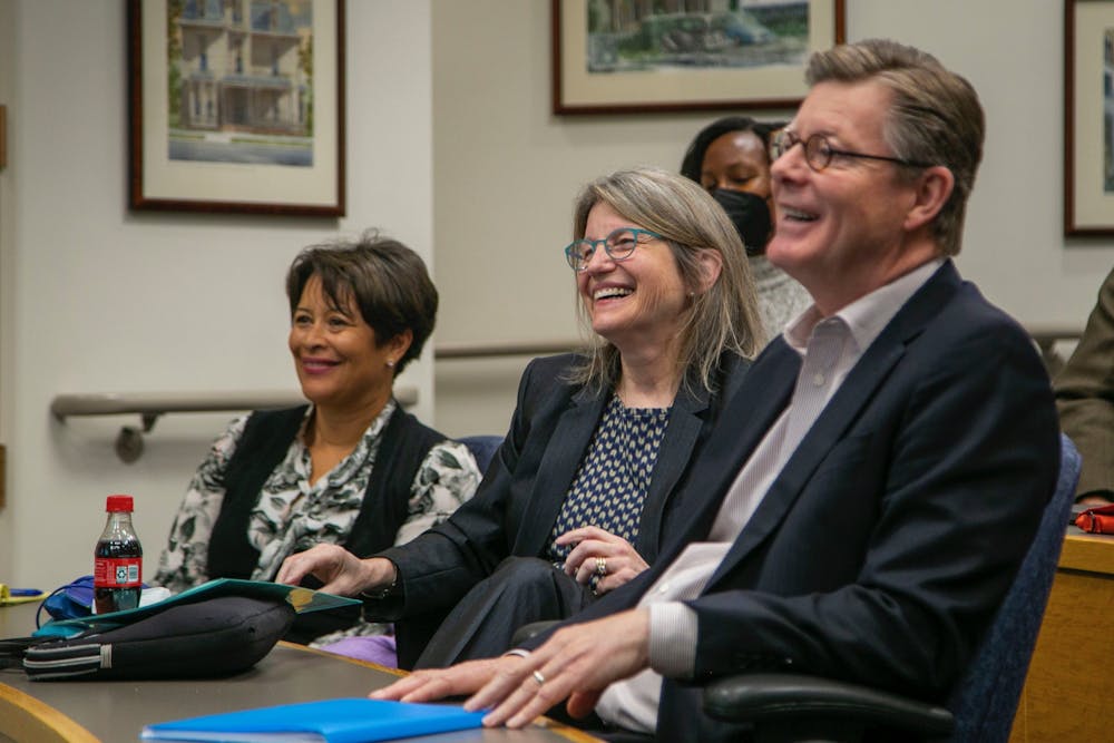 Provost Sally Kornbluth, second from right, at the Dec. 1 Academic Council meeting. 