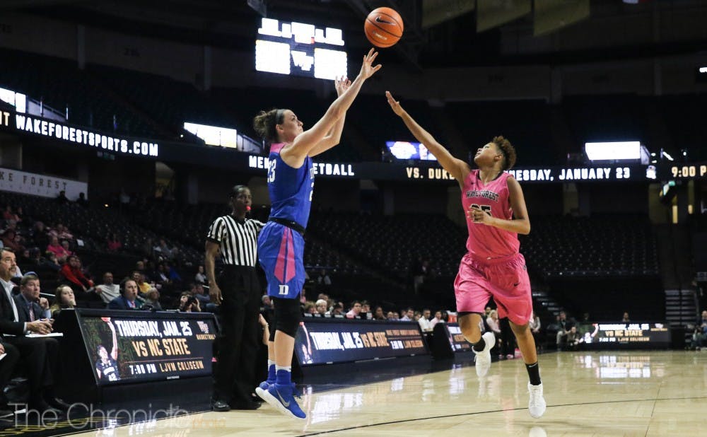 <p>Rebecca Greenwell passed former standout Blue Devil guard Tricia Liston in the second quarter with the 253rd made 3-pointer of her career.</p>
