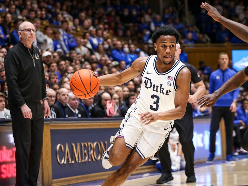 <p>Jeremy Roach drives with the ball in Duke's Jan. 21 win against Miami at Cameron Indoor Stadium.</p>