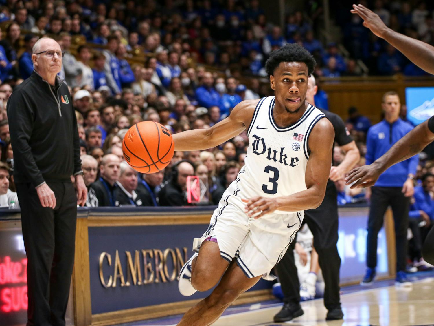 Jeremy Roach drives with the ball in Duke's Jan. 21 win against Miami at Cameron Indoor Stadium.