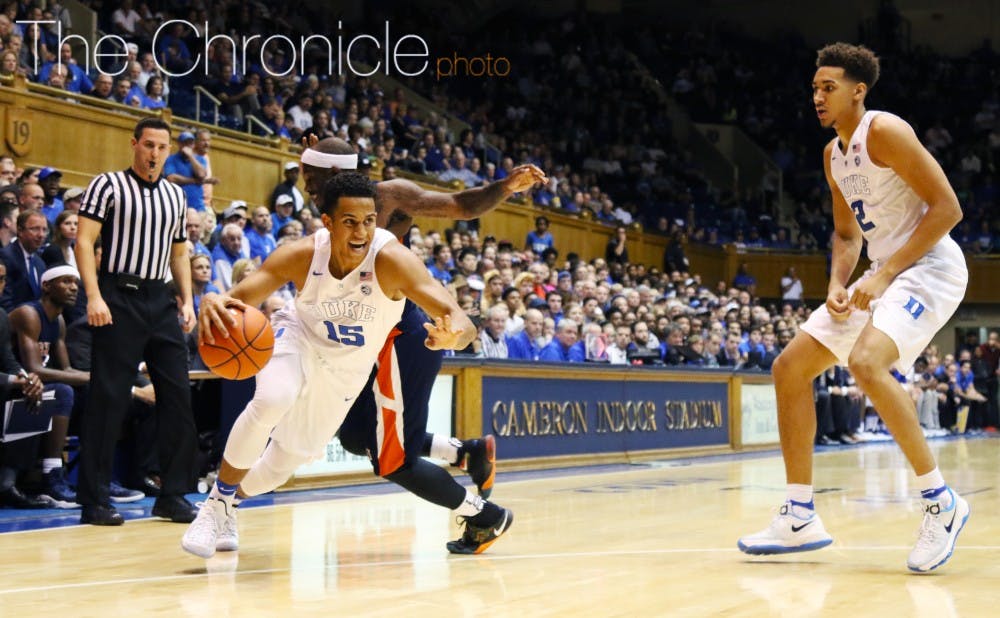 <p>Frank Jackson can attack the basket and score from anywhere on the floor, tallying 17 points in Duke's first exhibition against Virginia State Friday.</p>
