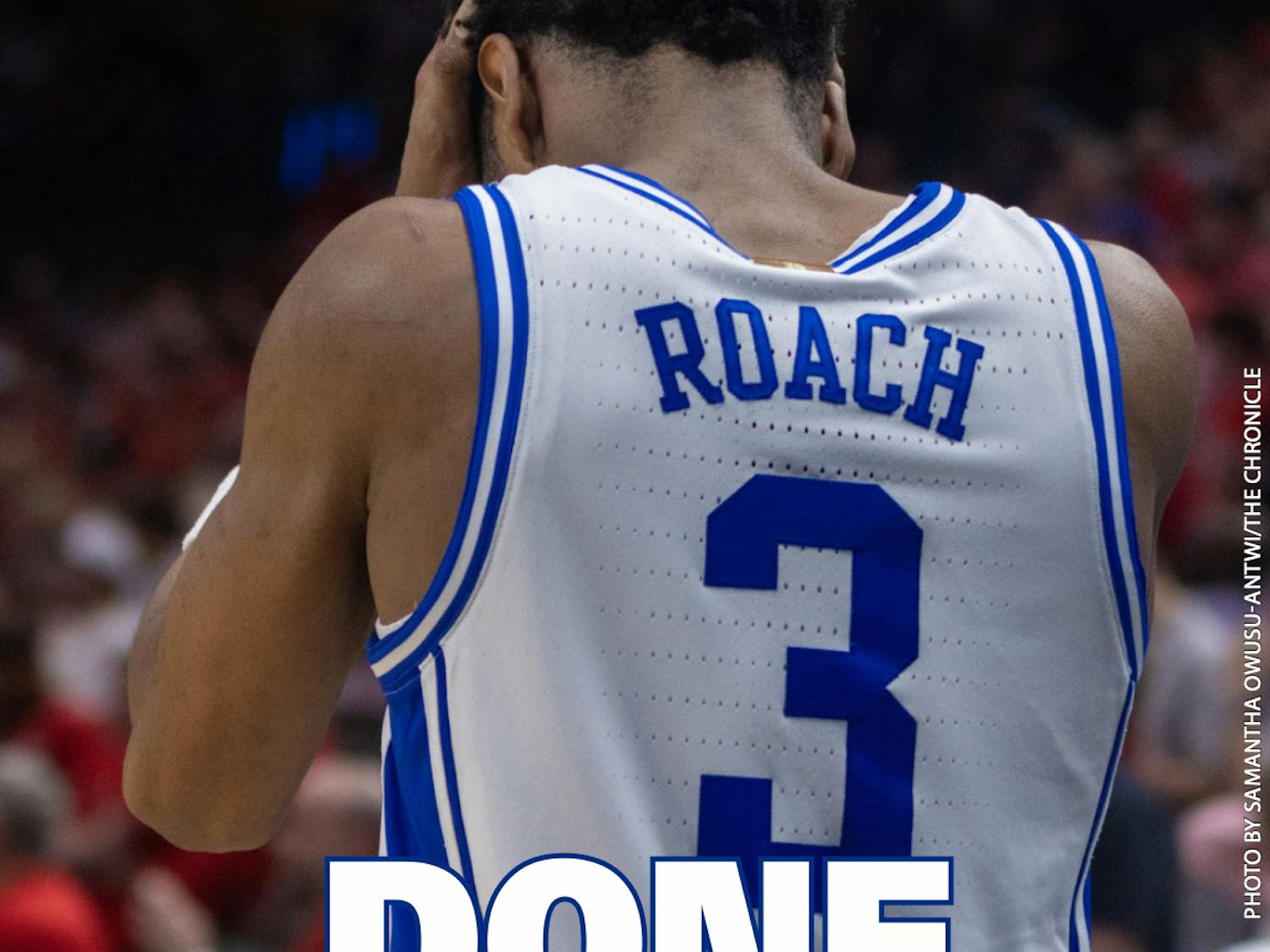Jeremy Roach holds his head in his hands after Duke's Elite Eight loss to N.C. State.