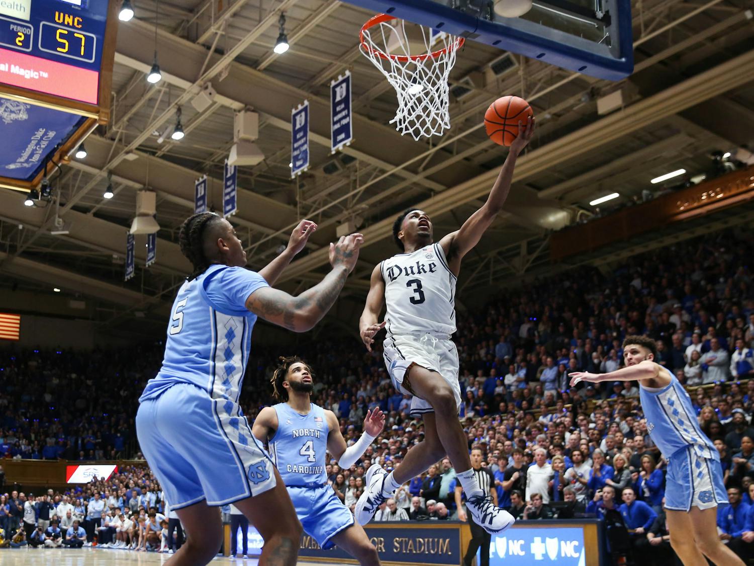 Jeremy Roach drives through traffic in last year's win against North Carolina in Cameron Indoor Stadium.
