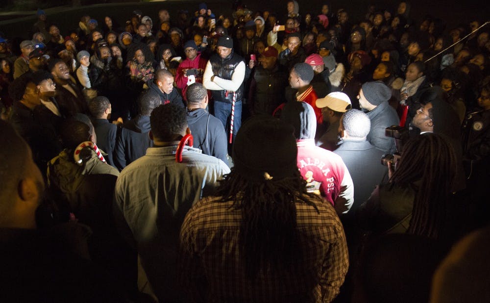 Outside of Duke Chapel, Kappa Alpha Psi, Inc., a National Pan-Hellenic Council fraternity, held its probate Saturday to reveal its new members to a large crowd.