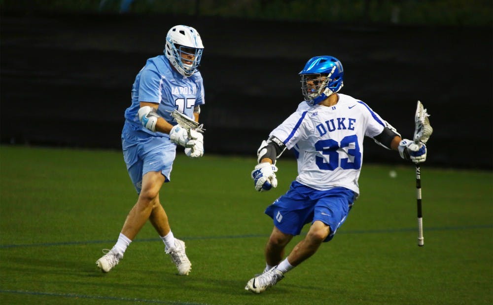 Sophomore Justin Guterding scored two goals Sunday for the Blue Devils, but Duke was held to just one goal in the final 26 minutes against the top-ranked Fighting Irish.