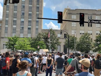 A May 30 protest in Durham against racism and police brutality. Duke students recounted leading chants, speaking and running from tear gas at similar events across the country.&nbsp;