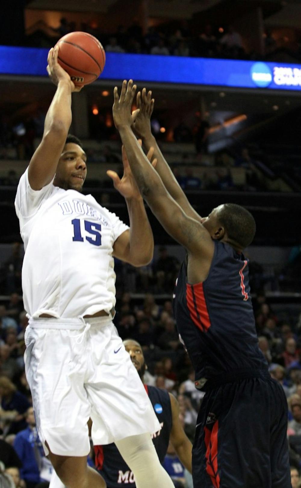 Jahlil Okafor went for 21 points on 9-of-11 shooting in his NCAA tournament debut against Robert Morris Friday.